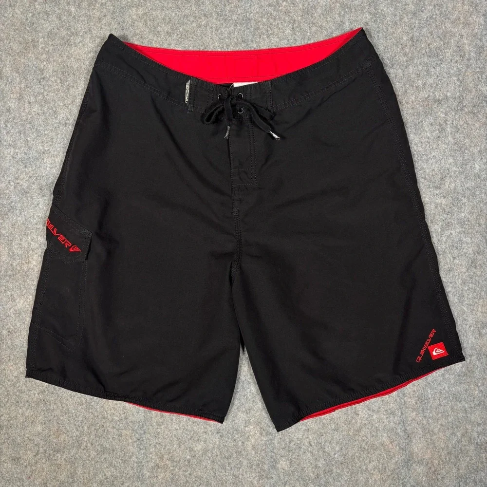 Quiksilver Board Shorts Mens 34 Black Red Cargo Pocket Swim Trunks Surfwear VTG